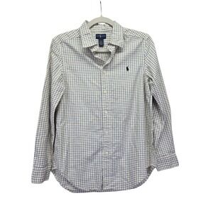 Ralph Lauren Boys Yellow Navy Check Button Down Shirt Size L 14-16 Cotton Pony